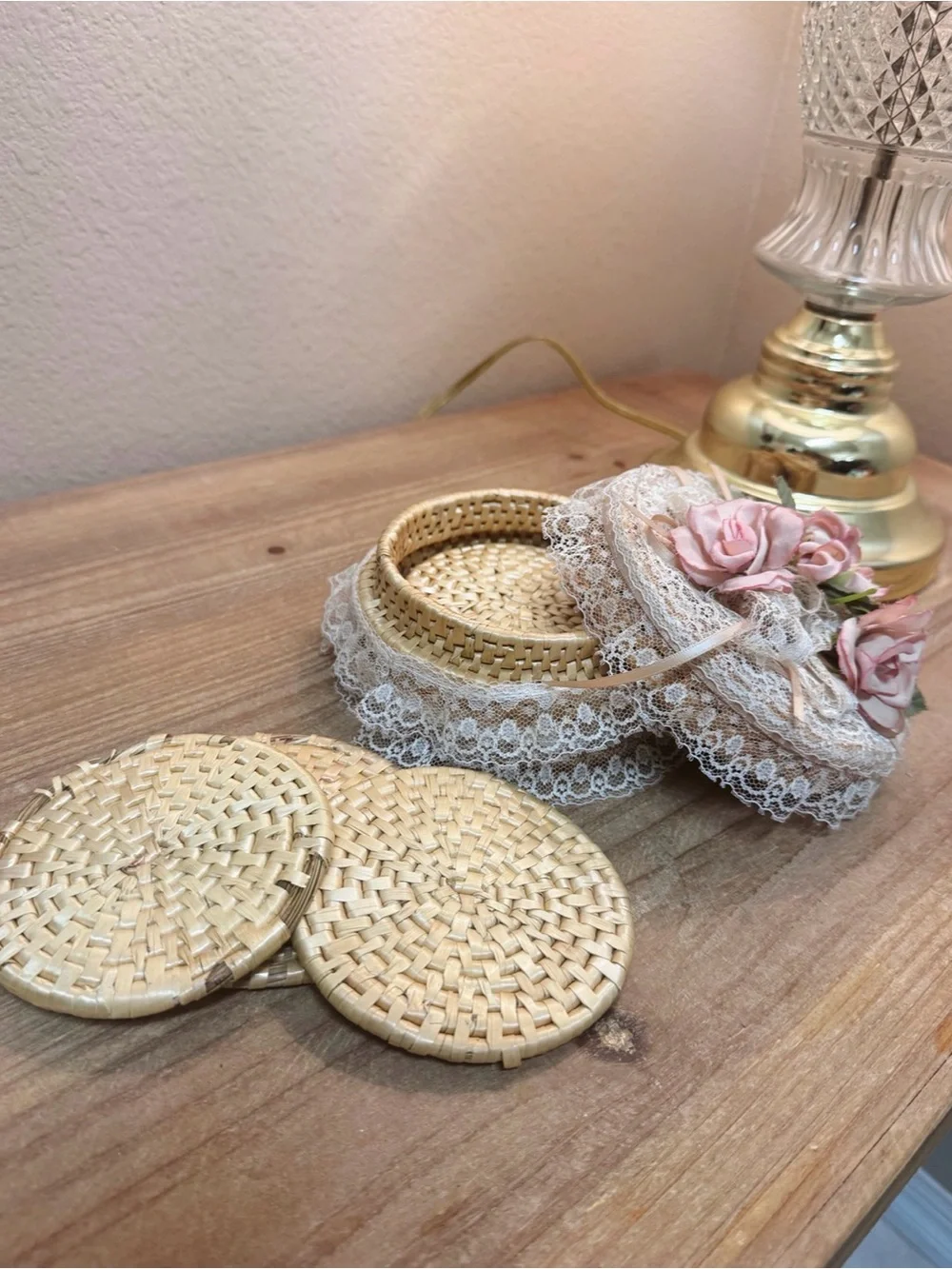 Antique Pink and Cream Lace Floral Trinket Box
